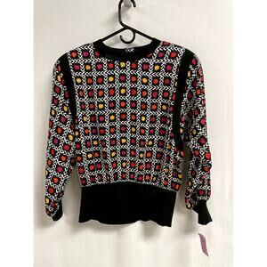 VINTAGE DOUGLASS Eclectic Art To Wear Crewneck Silk Top Black Multi Women's 12
